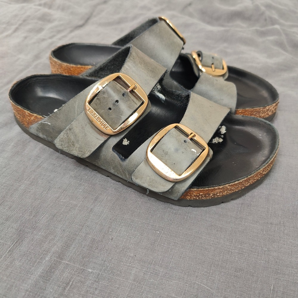 Birkenstock Arizona Big Buckle Sandals Women 39 US 8 Grey Leather Gold Hardware - Picture 2 of 11